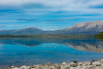 Beautiful lake Ohau  surrounded by mountains.
