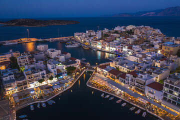 Fototapeta na wymiar Twilight panoramic view of Agios Nikolaos, Crete island, Greece