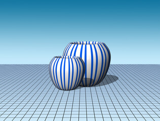 3D beautiful pattern ceramic pots on table floor and blue sky background