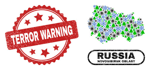 Vector Covid-2019 New Year collage Novosibirsk Region map and Terror Warning scratched seal. Terror Warning seal uses rosette shape and red color.