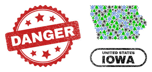 Vector coronavirus winter collage Iowa State map and Danger corroded stamp seal. Danger seal uses rosette shape and red color. Mosaic Iowa State map is constructed with randomized coronavirus, snow,