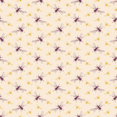 Seamless pattern of freehand sketch of flying bees, drawn and digitized, in three colors. Vector illustration for fashion, package design, wallpaper, textile, fabric, wrapping paper.