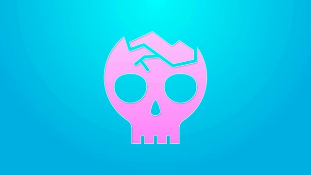 Pink line Broken human skull icon isolated on blue background. 4K Video motion graphic animation