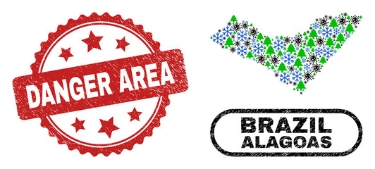 Vector coronavirus New Year combination Alagoas State map and Danger Area corroded stamp imitation. Danger Area stamp uses rosette shape and red color.