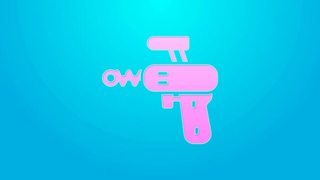 Pink line Ray gun icon isolated on blue background. Laser weapon. Space blaster. 4K Video motion graphic animation