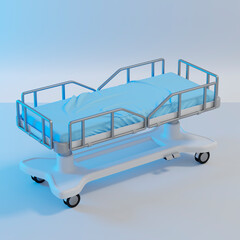Hospital bed. Blue linen. Covid-19 concept. 3d rendering.