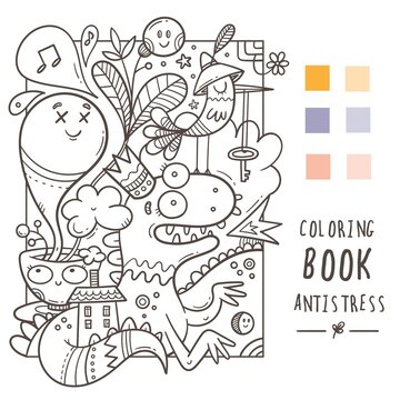 Coloring book antistress with funny cute cartoon creatures. Doodle print with dragon, monster and bird. Line art poster.