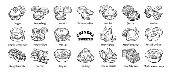 Collection of traditional chinese desserts. Hand drawn sketch in doodle style.