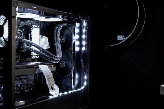 high end computer pc interior white rgb led computer interior on motherboard and liquid cooling