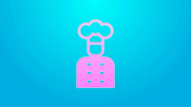 Pink line Italian cook icon isolated on blue background. 4K Video motion graphic animation