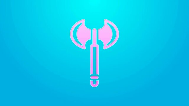 Pink line Medieval axe icon isolated on blue background. Battle axe, executioner axe. Medieval weapon. 4K Video motion graphic animation
