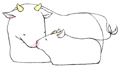 水彩風のうしの親子（白色）