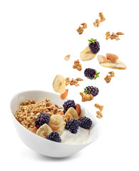 Bowl with tasty granola, yogurt and fruits on white background