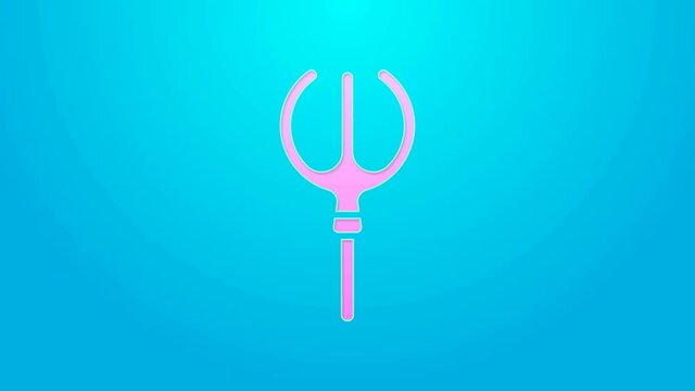 Pink line Neptune Trident icon isolated on blue background. 4K Video motion graphic animation