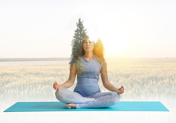 Double exposure of young pregnant woman doing yoga and rye field