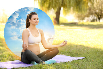Young pregnant woman practicing yoga outdoors