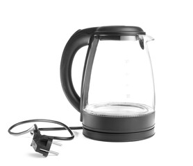 Transparent electric kettle on white background