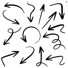 hand drawn arrow icon set isolated on white background. Doodle vector illustration.