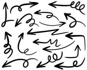 hand drawn arrow icon set isolated on white background. Doodle vector illustration.