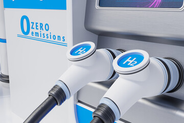 Hydrogen fuel car charging station white color visual concept design. 3d Illustration - obrazy, fototapety, plakaty