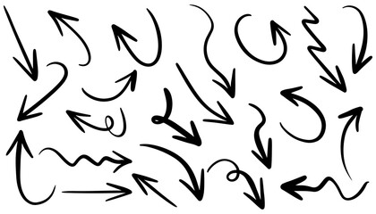 hand drawn arrow icon set isolated on white background. Doodle vector illustration.