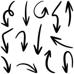 hand drawn arrow icon set isolated on white background. Doodle vector illustration.