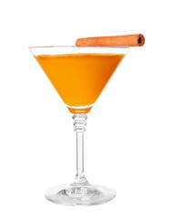 Glass of tasty pumpkin pie martini on white background