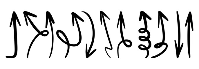 hand drawn arrow icon set isolated on white background. Doodle vector illustration.