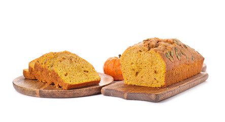 Tasty pumpkin pie on white background