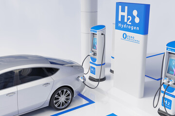 hydrogen logo on gas station. h2 combustion engine for emission free ecofriendly transport. - obrazy, fototapety, plakaty