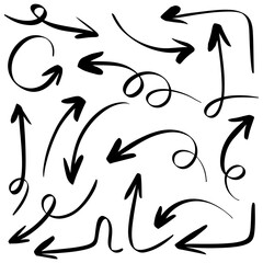 hand drawn arrow icon set isolated on white background. Doodle vector illustration.