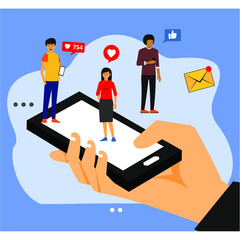 hand holding smartphone and some people and icons on it