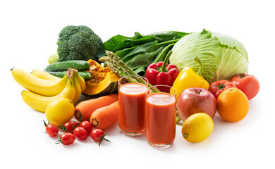 A variety of fruits and vegetables and a glass of vegetable juice