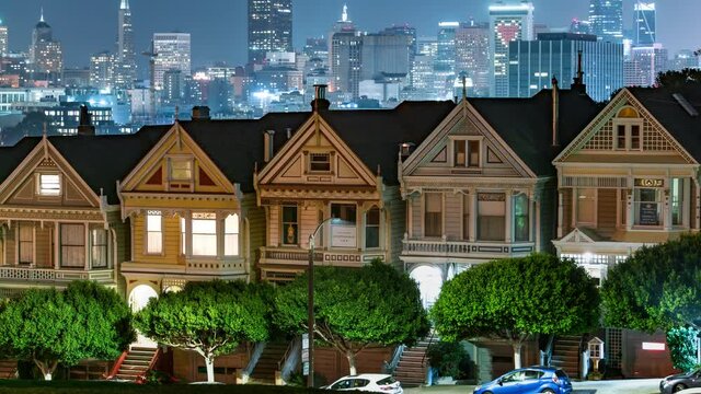 San Francisco Painted Ladies and Downtown Night Cityscape Time Lapse California USA