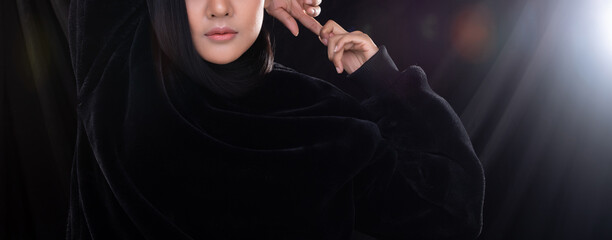 Long straight black hair wrap around woman face neck