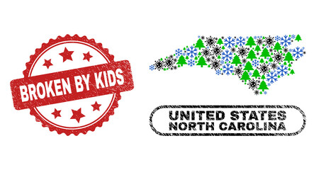 Vector Covid New Year collage North Carolina State map and Broken by Kids unclean stamp seal. Broken by Kids stamp seal uses rosette shape and red color.