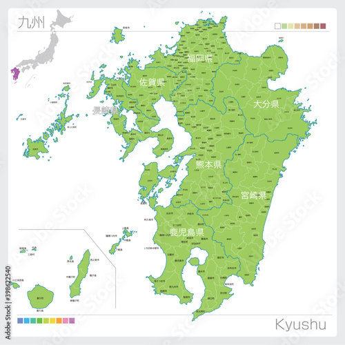 九州地方の地図 Kyushu 市町村名 市町村 区分け Wall Mural Tk01