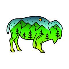 Bull With Mountain View Monoline Design