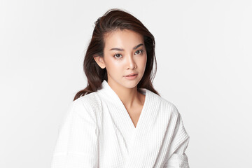 Fototapeta premium Beautiful Young asian Woman with Clean Fresh Skin, on Pink background, Face care, Facial treatment. Cosmetology, beauty and spa. Asian women portrait