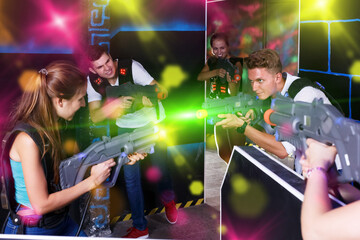 Fototapeta na wymiar Positive guys and girls enthusiastically playing laser tag in dark room (first-person view)