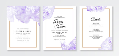 Wedding card invitation with watercolor splash and gold frame