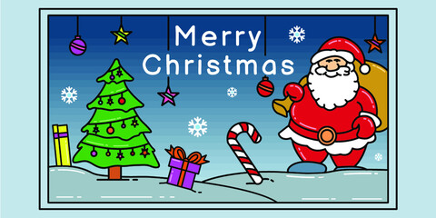 Santa With Tree Christmas Monoline Design