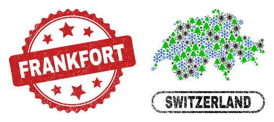 Vector pandemic Christmas collage Switzerland map and Frankfort rubber stamp. Frankfort stamp uses rosette shape and red color. Collage Switzerland map is formed from scattered virus, snow flake,