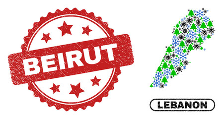Obraz premium Vector Covid-2019 New Year composition Lebanon map and Beirut unclean stamp. Beirut stamp uses rosette shape and red color. Collage Lebanon map is constructed with scattered covid- 2019 virus, frost,