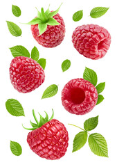 Flying ripe raspberries with green leaves