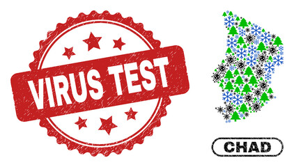 Vector Covid-2019 winter mosaic Chad map and Virus Test unclean stamp. Virus Test stamp seal uses rosette shape and red color. Collage Chad map is constructed of scattered covid- 2019 virus,