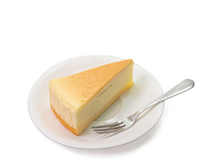 The close up of sliced yummy cheesecake bakery sweet dessert isolated on white background.