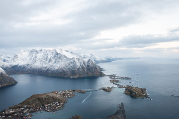 Landscape drone photo of Reine village view at Lofoten Norway