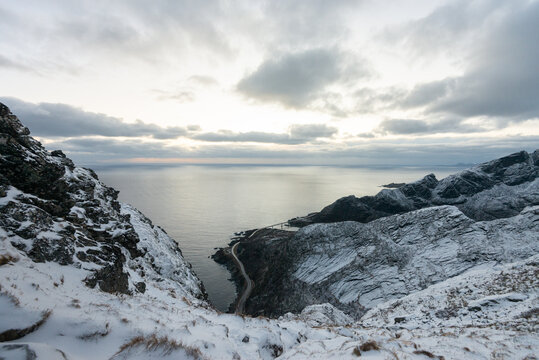 Landscape photo from the top of the mountain with ocean view in the winter