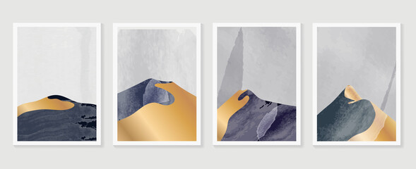 Luxury Gold Mountain wall art vector set. Earth tones landscapes backgrounds set with moon and sun.  Abstract Plant Art design for print, cover, wallpaper, Minimal and  natural wall art.  © TWINS DESIGN STUDIO